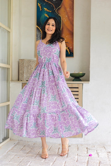 Dreamy Lavender Sleeveless Maxi in Hand Block Bird Print