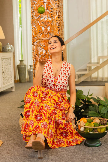 Mustard Floral Hand Printed Cotton Sleeveless Dress
