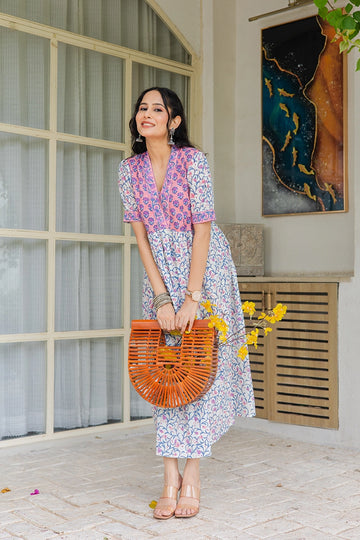 Peach Floral Printed V-Neck Gathered Detailed Cotton A-Line Midi Ethnic Dress