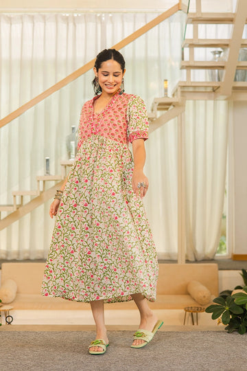 Pink Floral Printed V-Neck Gathered Detailed Cotton A-Line Midi Ethnic Dress