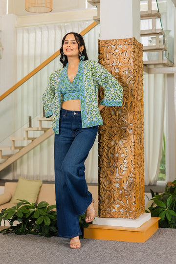 Blue Hand Block Printed Kimono and Halter Set