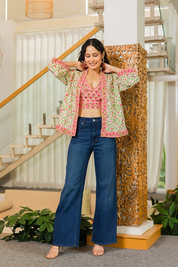 Pink Hand Block Printed Kimono and Halter Set