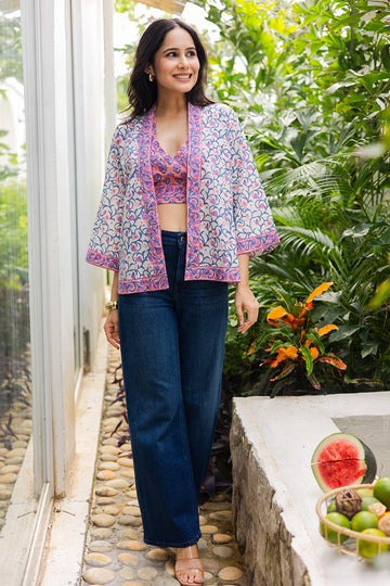 Peach Hand Block Printed Kimono and Halter Set