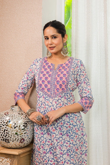 Peach Hand Block Printed Straight cotton Kurta