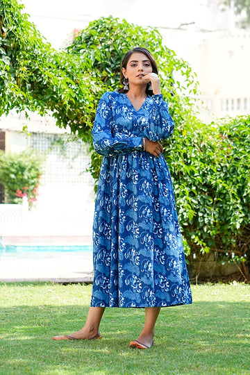 Navy Printed Long Dress With All Round Gather & Puffed Long Sleeves