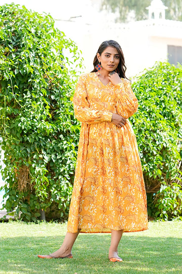Mustard Daboo Printed Long Dress With All Round Gather & Puffed Long Sleeves