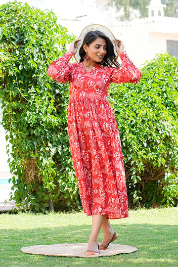 Red Printed Long Dress With All Round Gather & Puffed Long Sleeves