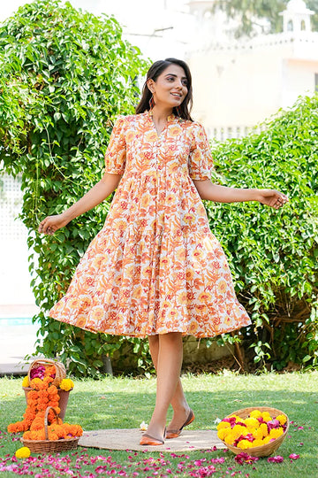 Mustard Floral Printed Tiered Fit & Flare Cinderella Dress