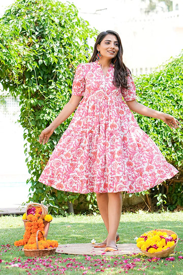 Pink Floral Printed Tiered Fit & Flare Cinderella Dress