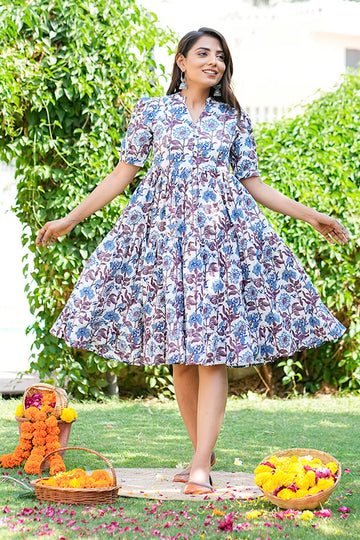 Blue Floral Printed Tiered Fit & Flare Cinderella Dress