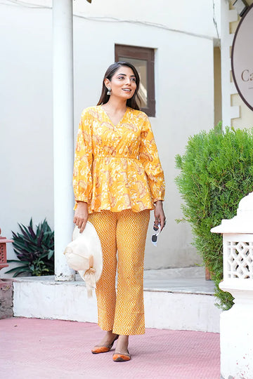 Mustard Hand Block Printed V- Neck Pure Cotton Top With Trouser (Co-ord Set)