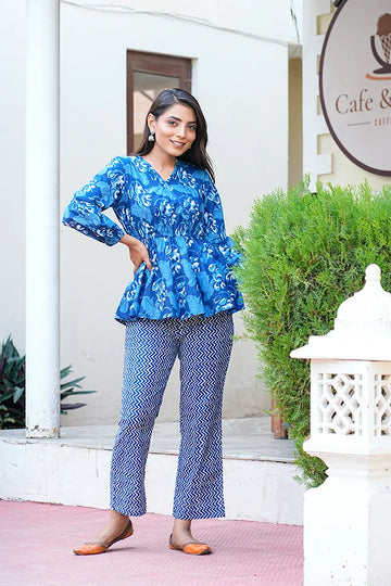 Navy Hand Block Printed V- Neck Pure Cotton Top With Trouser (Co-ord Set)