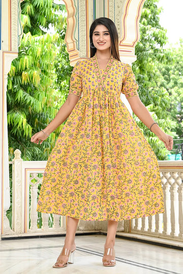 Yellow Hand Block Printed V-Neck Midi Dress