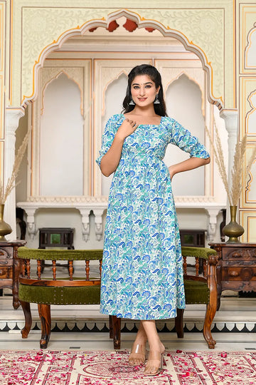 Sky Blue Block Printed Square Neck Dress With Flared Hem And Front Bottom Slit