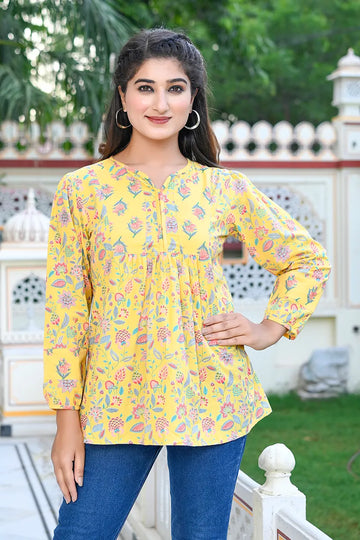 Yellow Floral Printed V-Neck Top