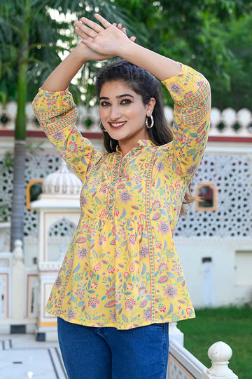 Yellow Print Mandarin Collar Empire Pure Cotton Longline Top