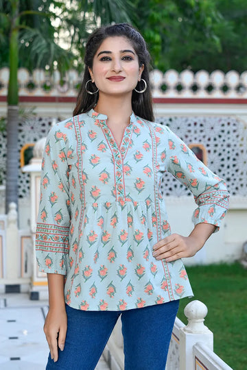 Green Print Mandarin Collar Empire Pure Cotton Longline Top