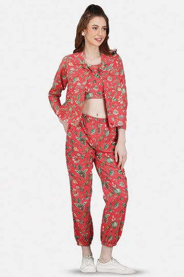 Red Hand Printed Jacket Set With Inner & Trouser