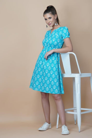 Blue Hand Block Printed Round Neck Tunic Dress With V- Slit