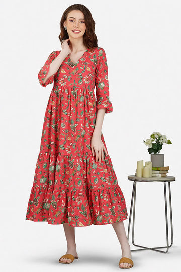 Red Hand Block printed V-Neck Long Printed Tired Dress With Gather