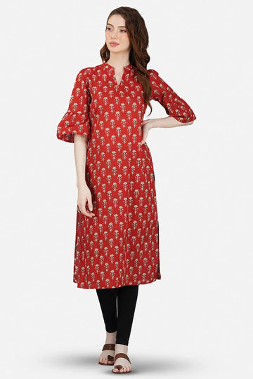 Red Hand Block Printed V-Neck A-Line Long Kurta