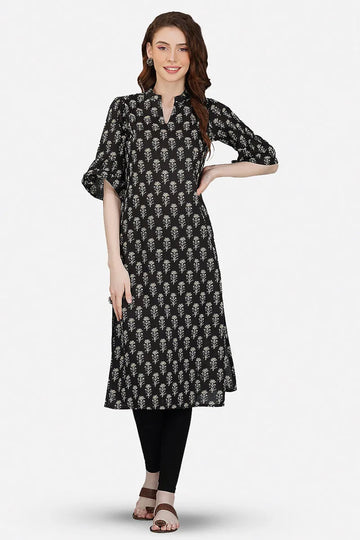 Black Hand Block Printed V-Neck A-Line Long Kurta