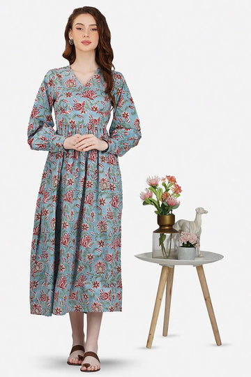 Grey Printed Long Dress With All Round Gather & Puffed Long Sleeves