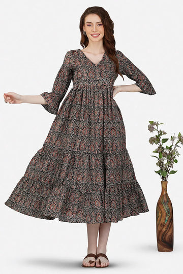 Black Hand Block printed V-Neck Long Printed Tired Dress With Gather