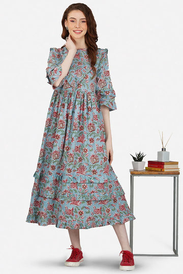 Grey Pure Cotton Block Printed Tired Dress
