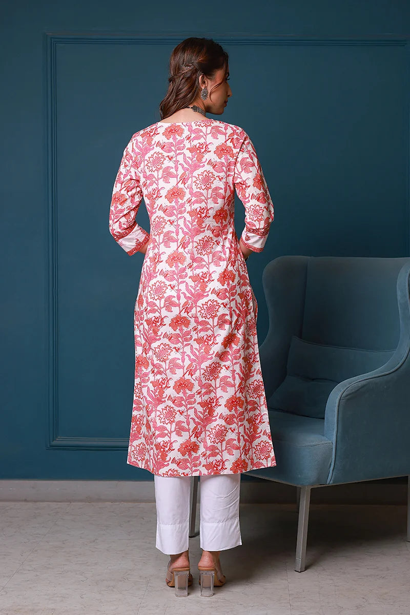 Pink Hand Block Printed Straight cotton Kurta