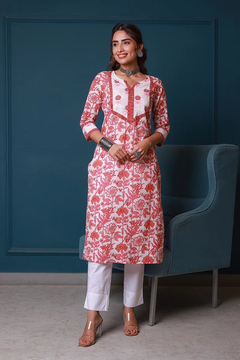 Pink Hand Block Printed Straight cotton Kurta