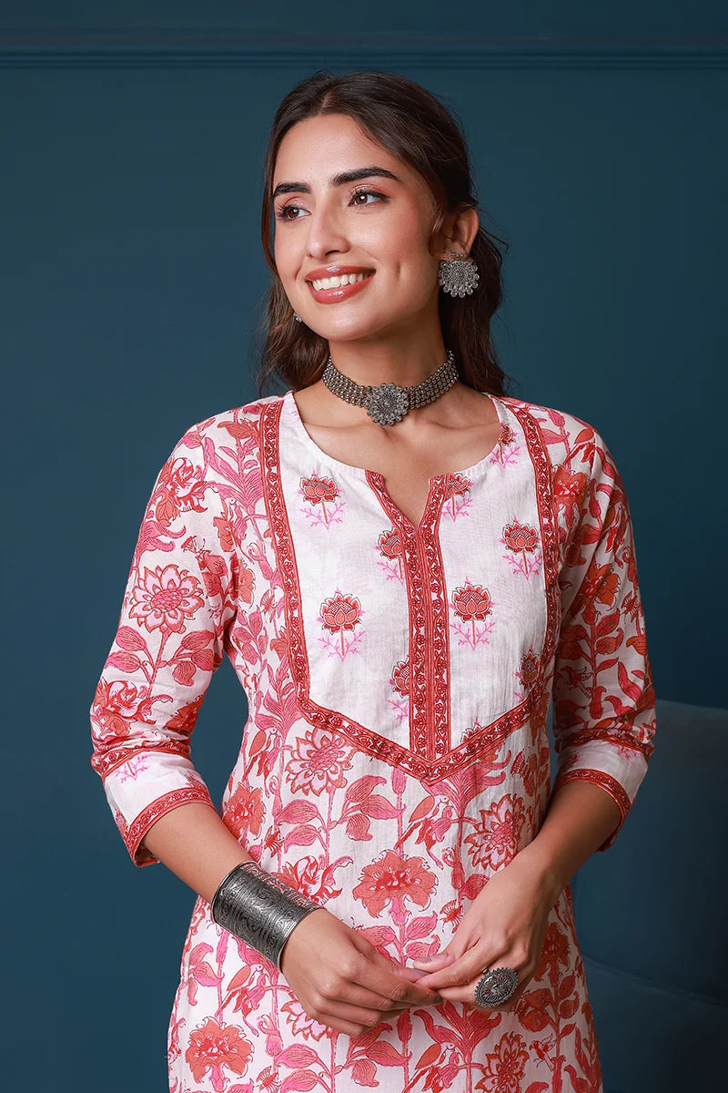 Pink Hand Block Printed Straight cotton Kurta