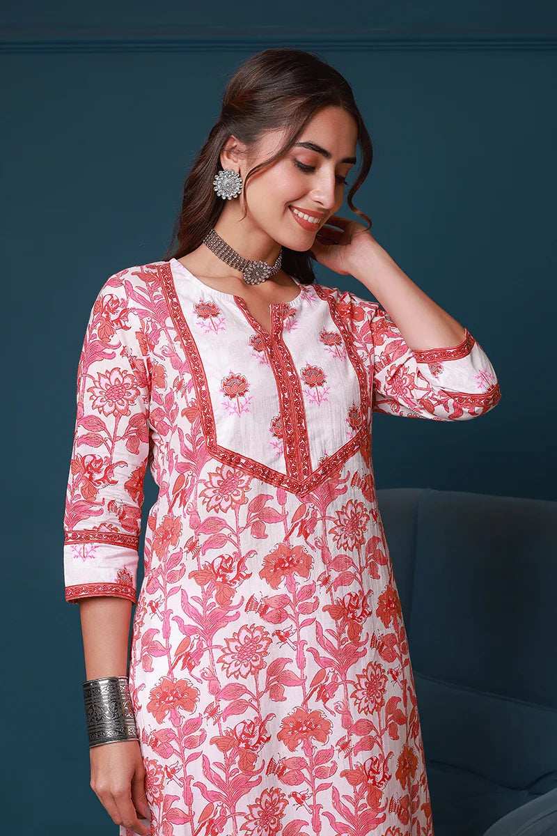 Pink Hand Block Printed Straight cotton Kurta