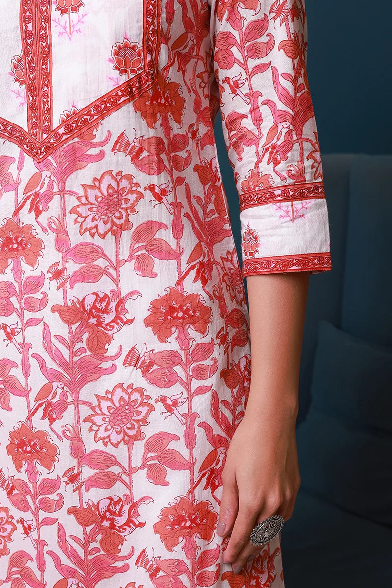 Pink Hand Block Printed Straight cotton Kurta