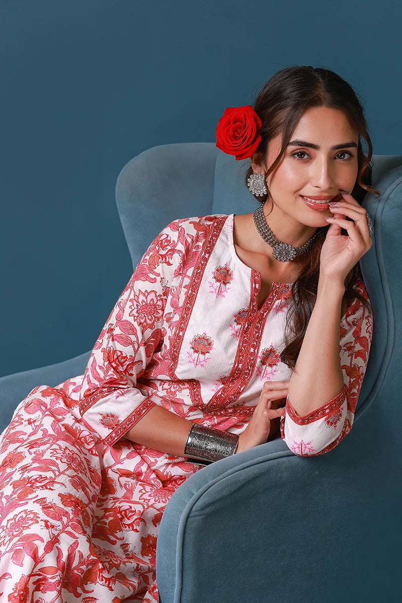 Pink Hand Block Printed Straight cotton Kurta