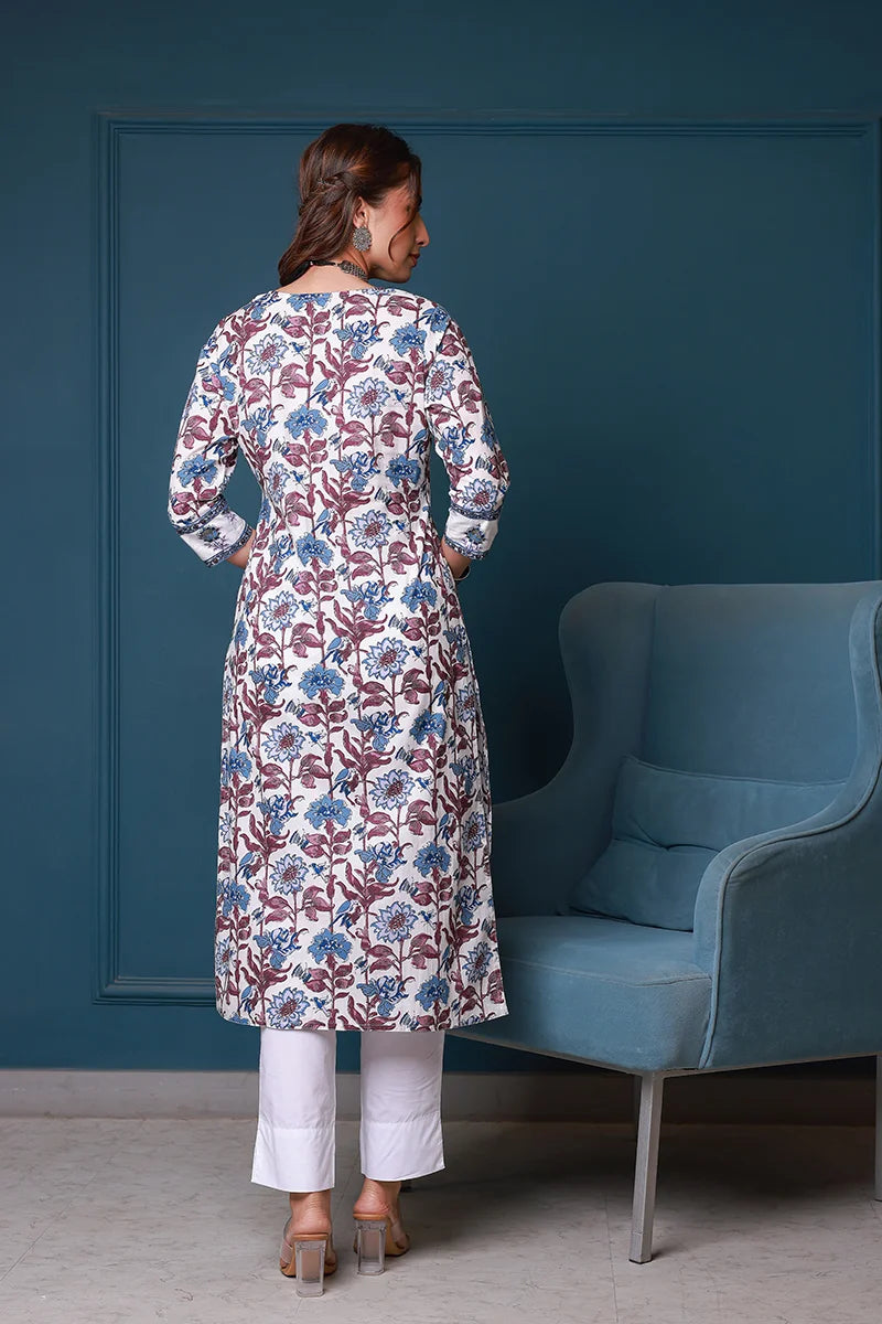 Blue Hand Block Printed Straight cotton Kurta