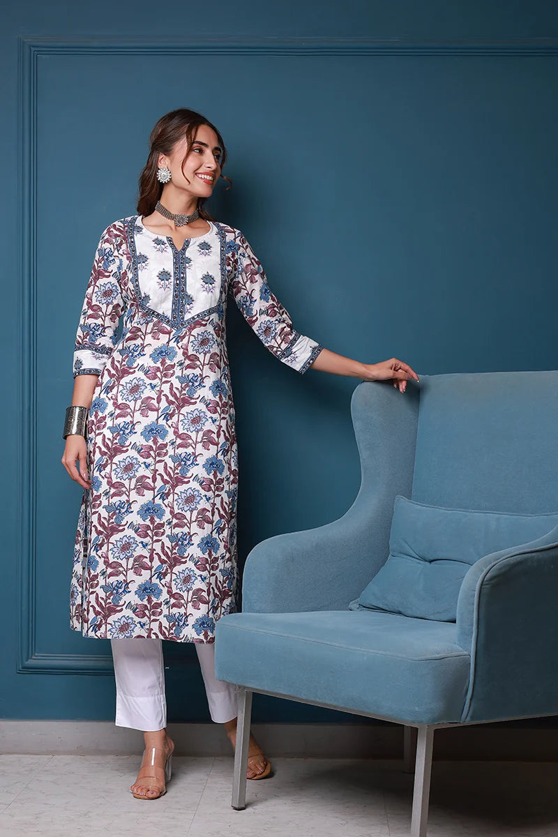 Blue Hand Block Printed Straight cotton Kurta