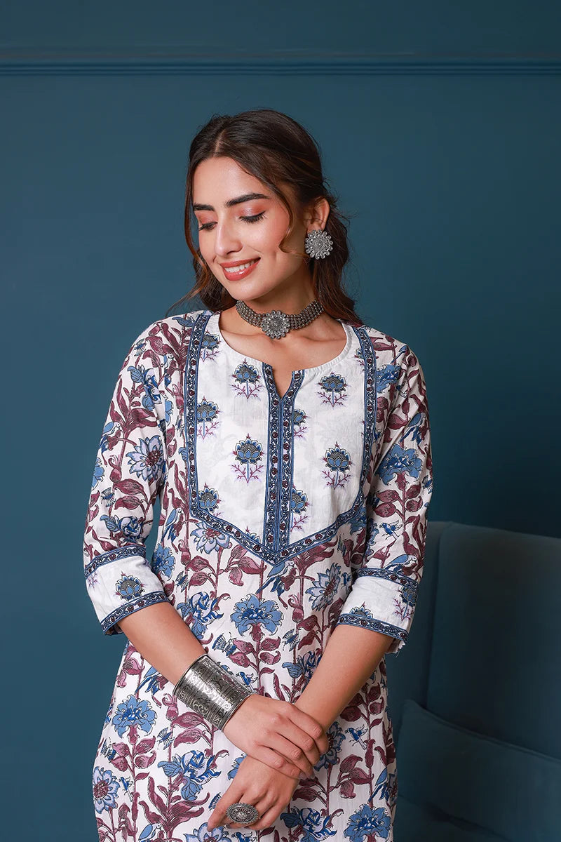 Blue Hand Block Printed Straight cotton Kurta