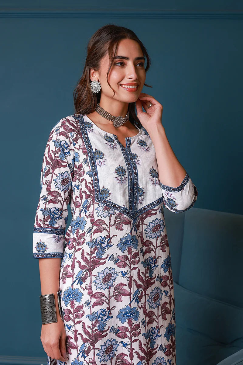 Blue Hand Block Printed Straight cotton Kurta