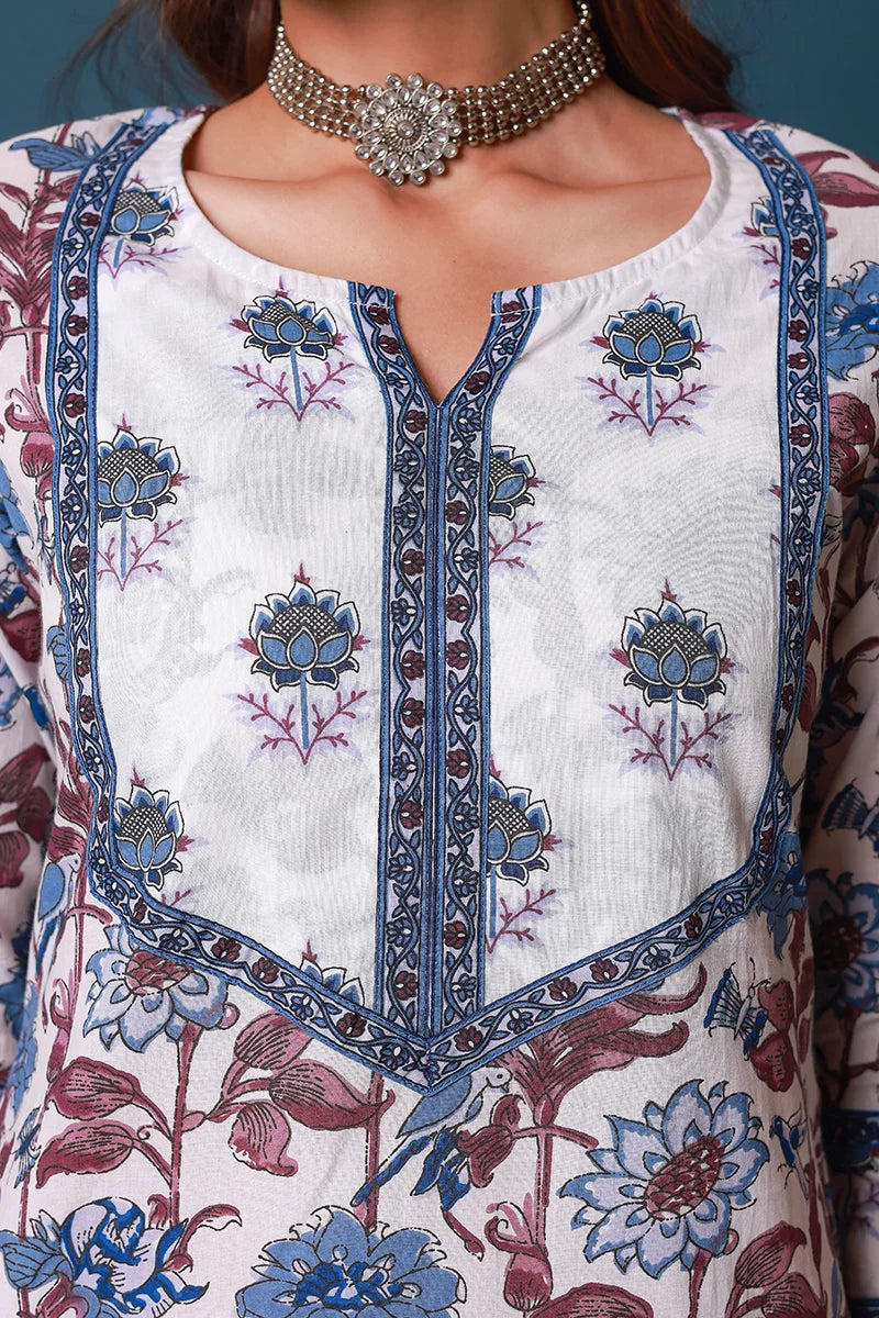 Blue Hand Block Printed Straight cotton Kurta