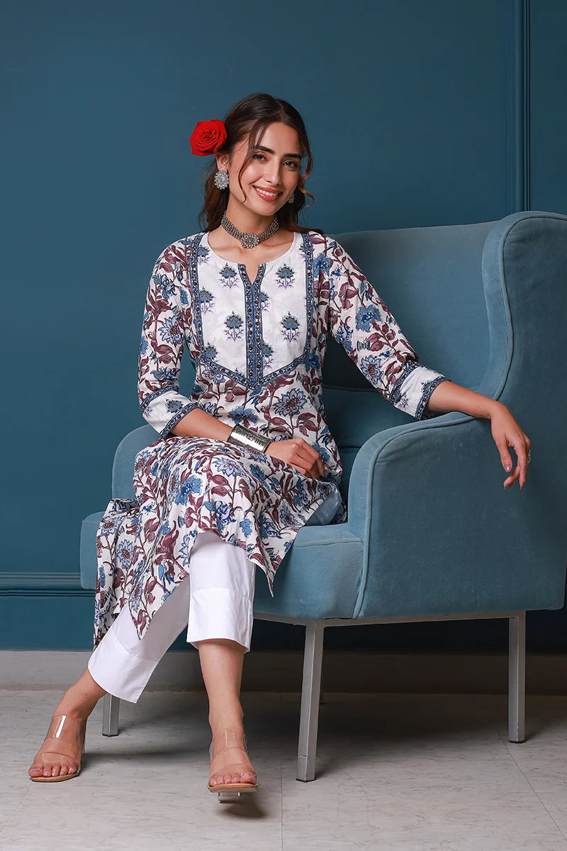 Blue Hand Block Printed Straight cotton Kurta