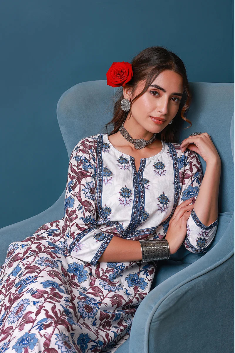 Blue Hand Block Printed Straight cotton Kurta