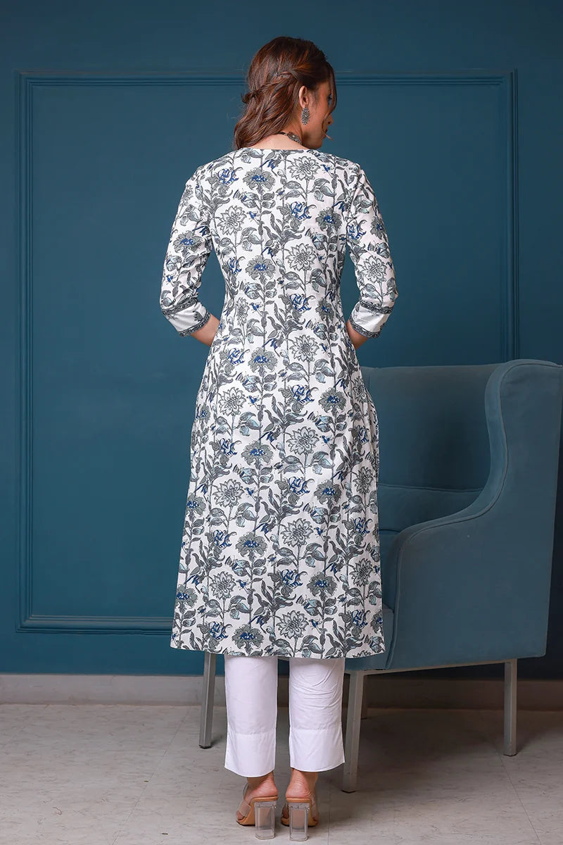 Grey Hand Block Printed Straight cotton Kurta