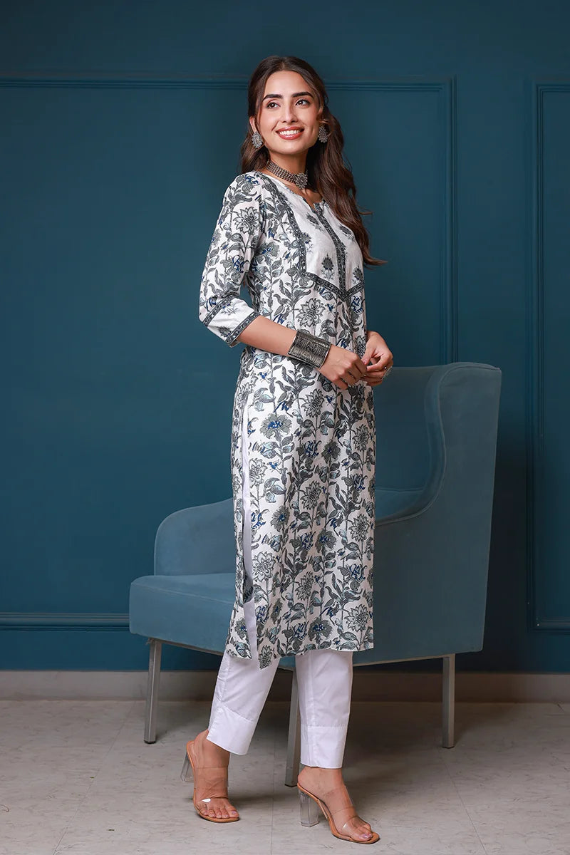 Grey Hand Block Printed Straight cotton Kurta