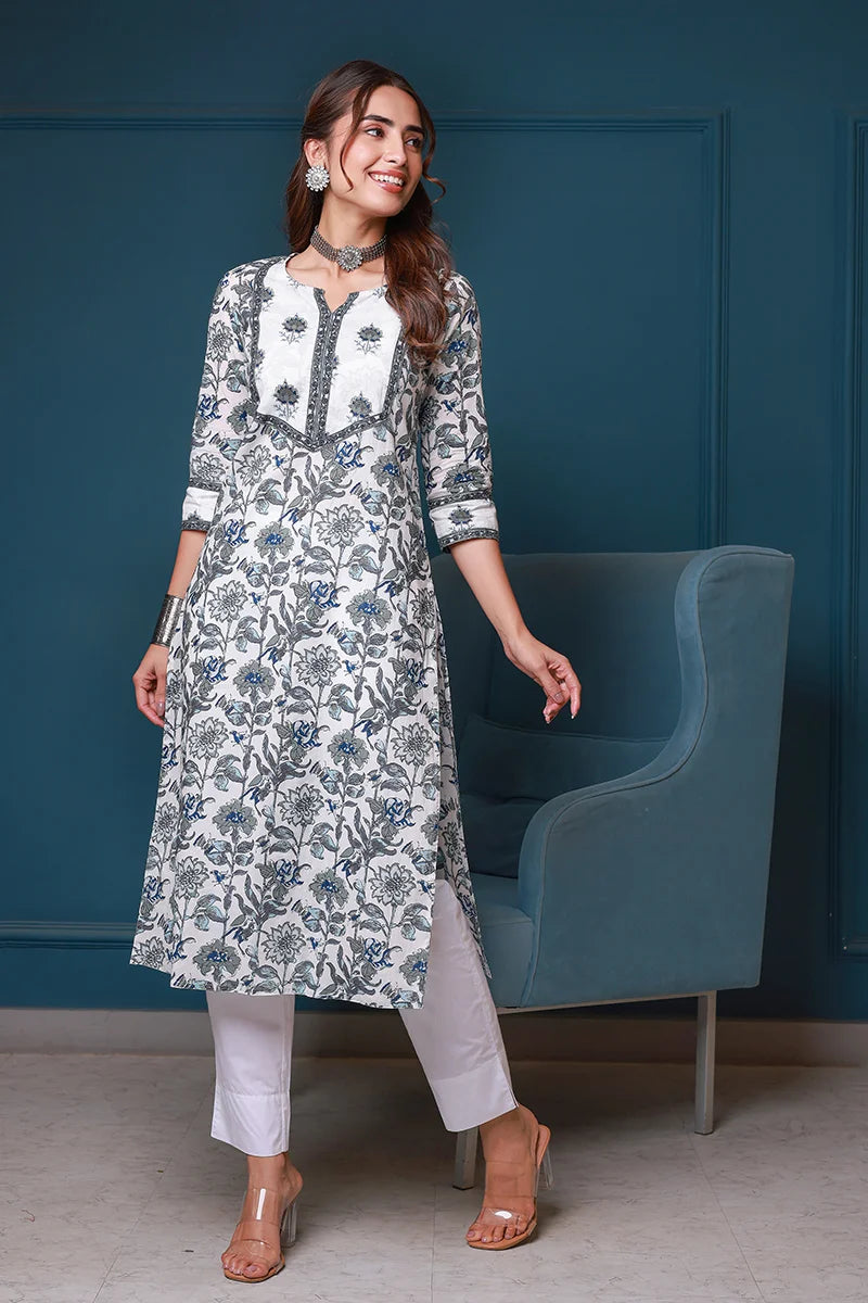 Grey Hand Block Printed Straight cotton Kurta