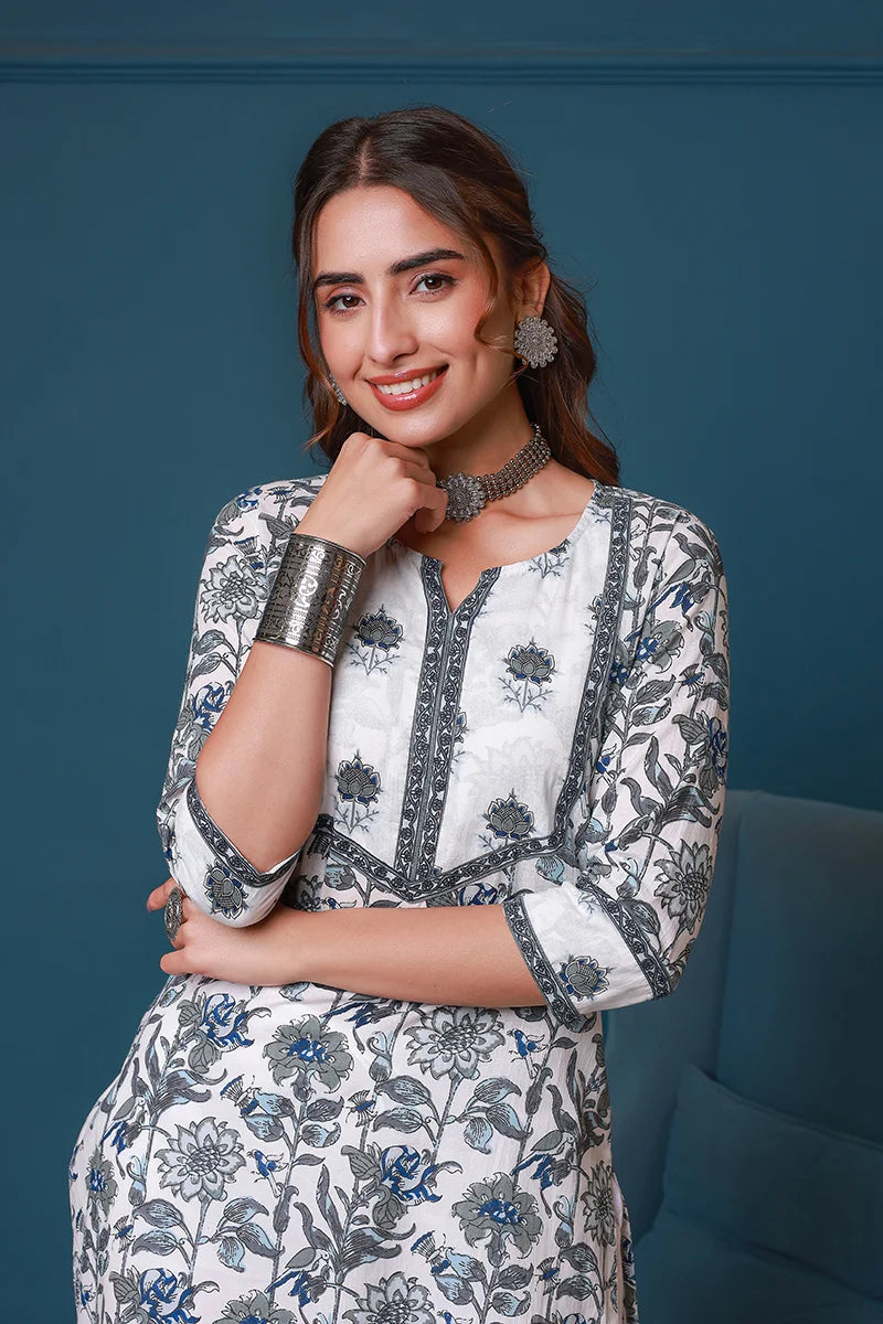 Grey Hand Block Printed Straight cotton Kurta