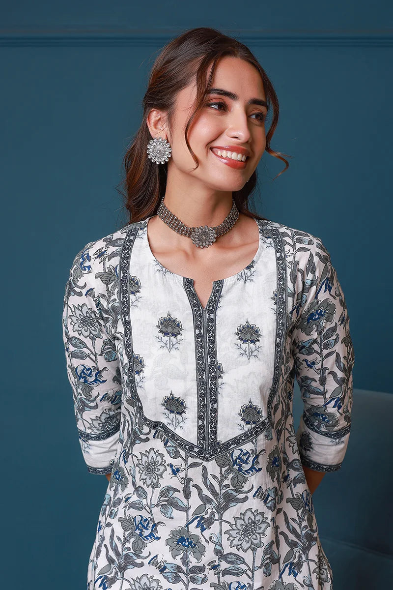 Grey Hand Block Printed Straight cotton Kurta