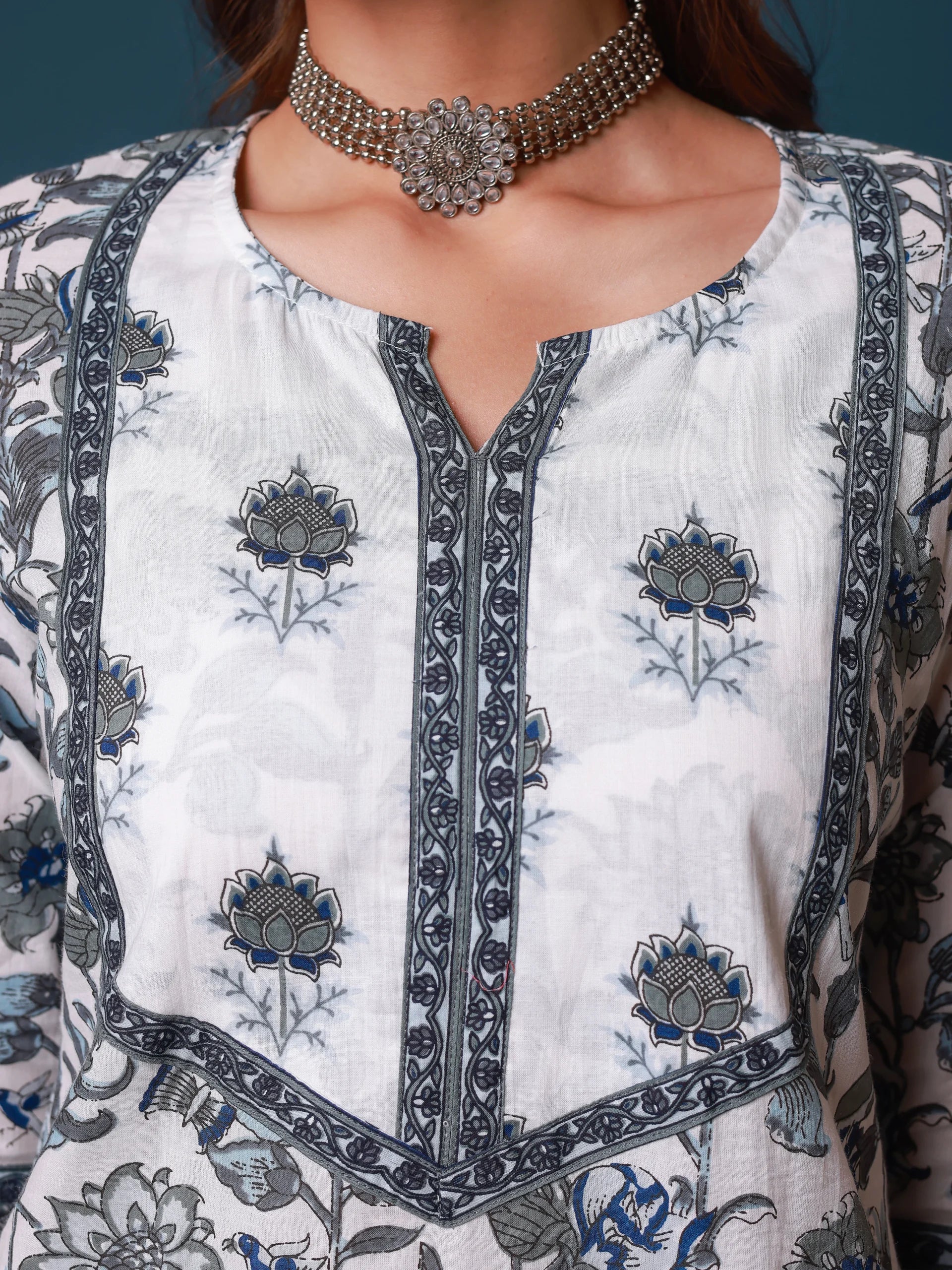 Grey Hand Block Printed Straight cotton Kurta
