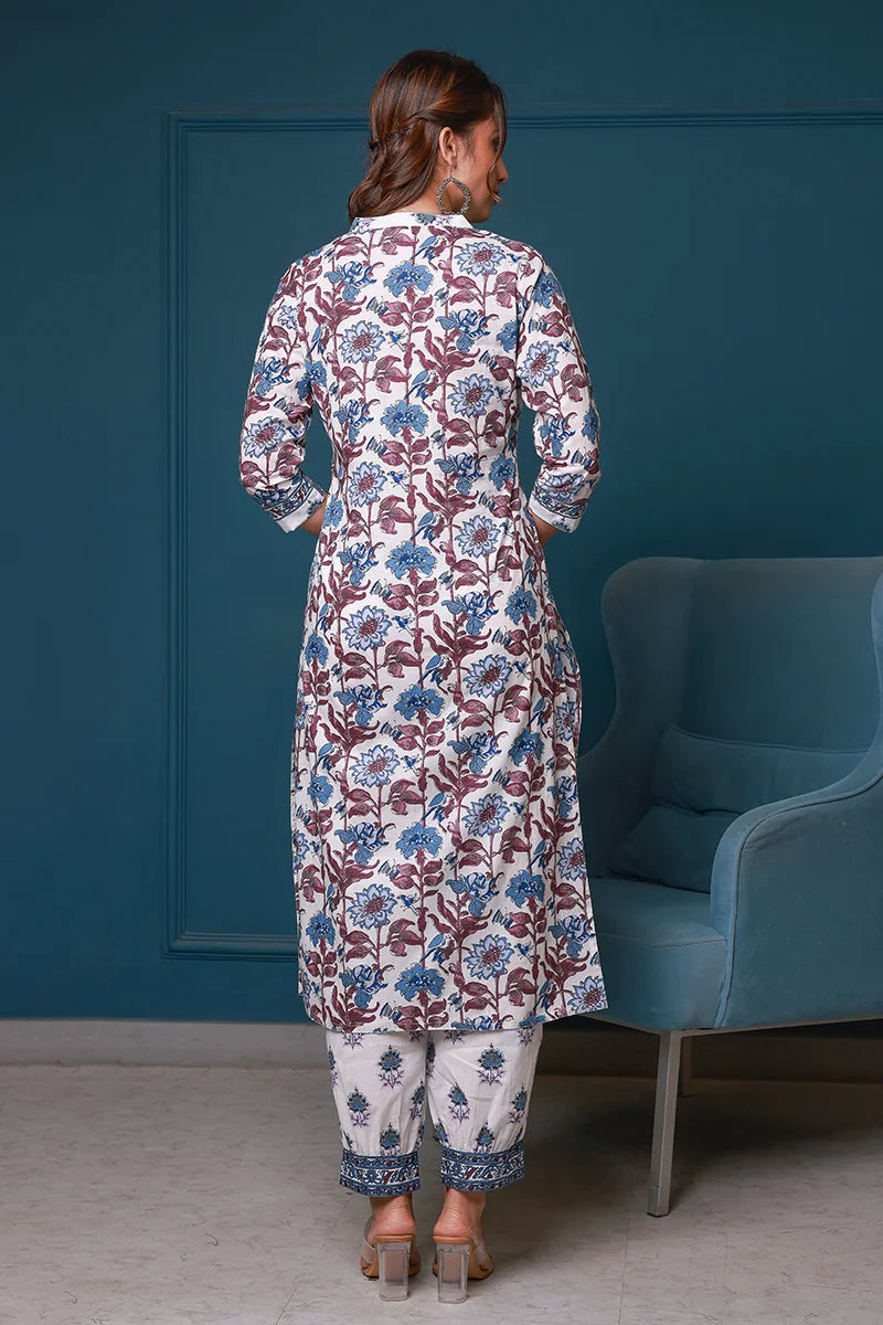 Blue Hand Block Printed Straight Kurta with Trouser