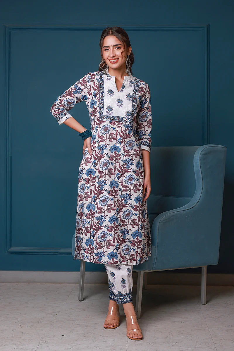 Blue Hand Block Printed Straight Kurta with Trouser